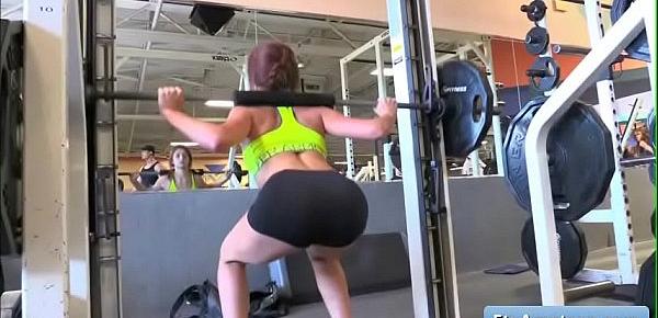  Sexy teen blonde amateur Fiona flash her tits at the gym while working her booty off